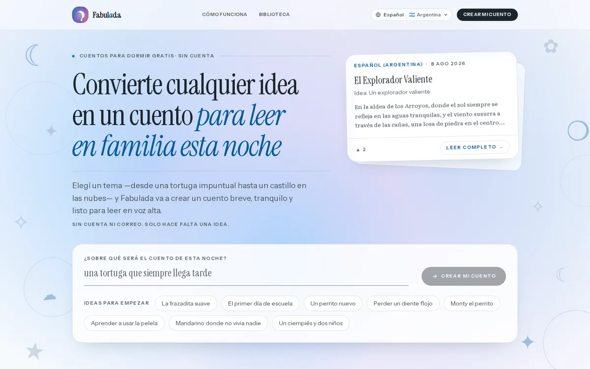 Screenshot of Fabulada: fabulada.com homepage: a story prompt box with starter ideas and a generated story card in Argentine Spanish