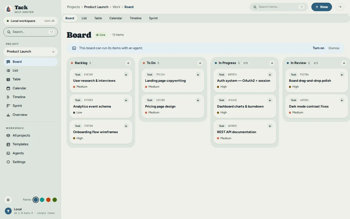 Screenshot of Tack: Tack board view: four columns from Backlog to In Review, with WIP limits and a banner offering to run the items with an agent
